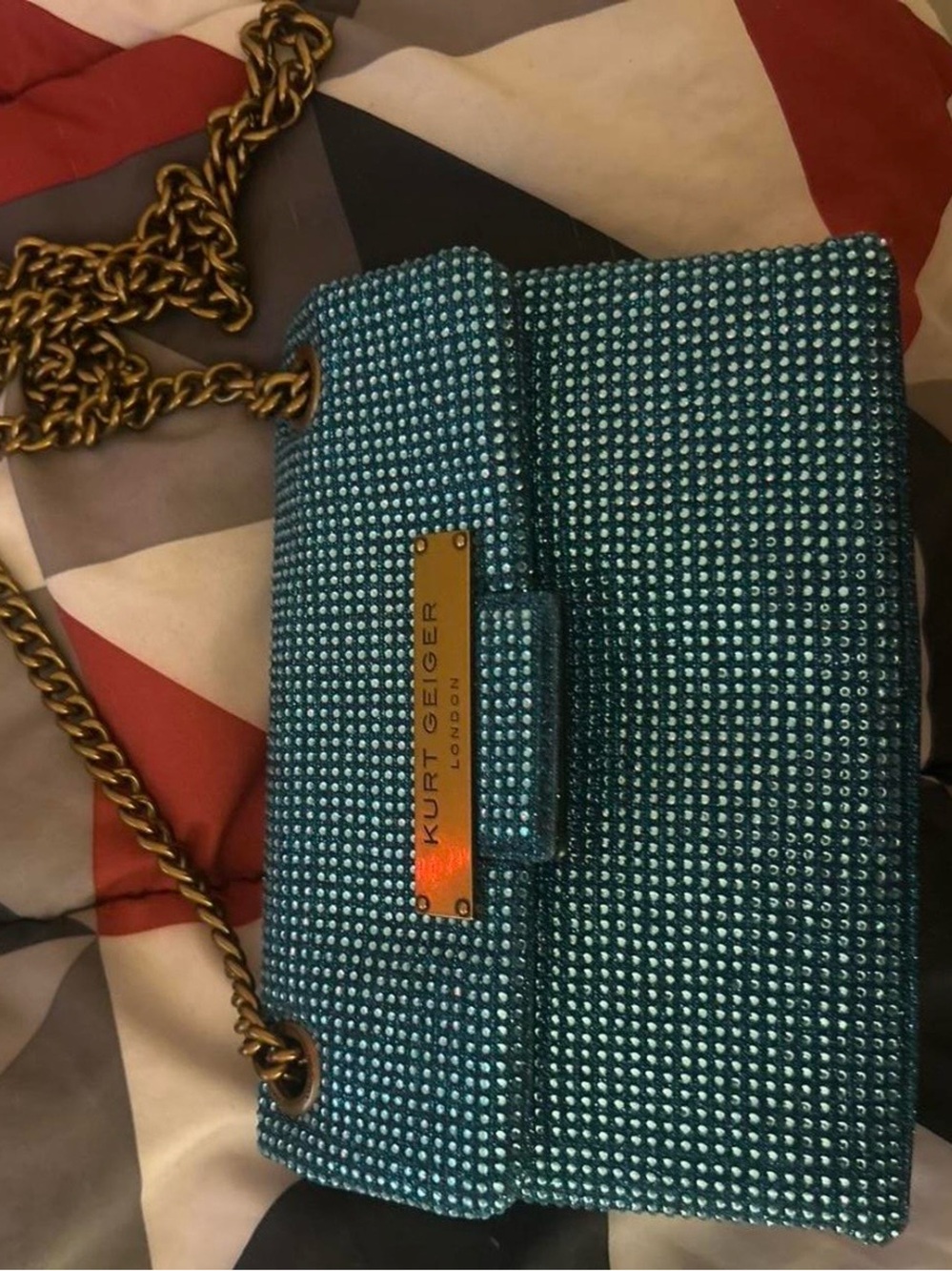 Kurt Geiger Teal Crystal Crossbody with Gold Chain